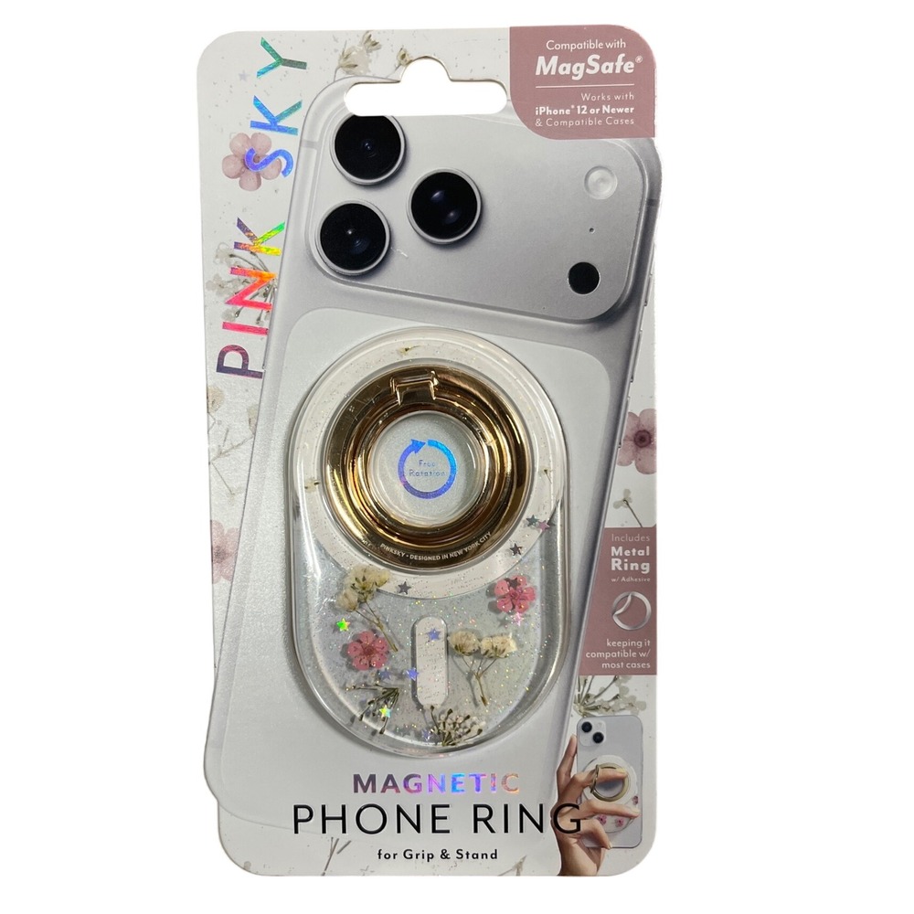 Pink Sky Magnetic Phone Ring Grip Stand MagSafe Compatible Dried Flower Gold NEW
